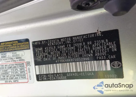 2007 Toyota Camry Xle V6 z USA, uszkodzony, nr VIN 4T1BK46K87U052946